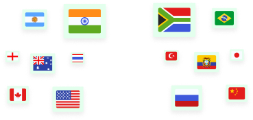 Flags representing key countries served by Work Permits Ireland, including India, South Africa, Brazil, USA, Canada, and others.