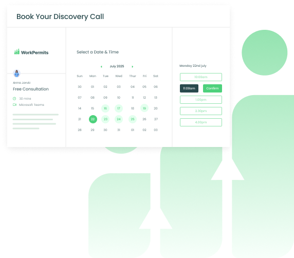 Graphic showing discovery call booking process for Ireland work visa consultation